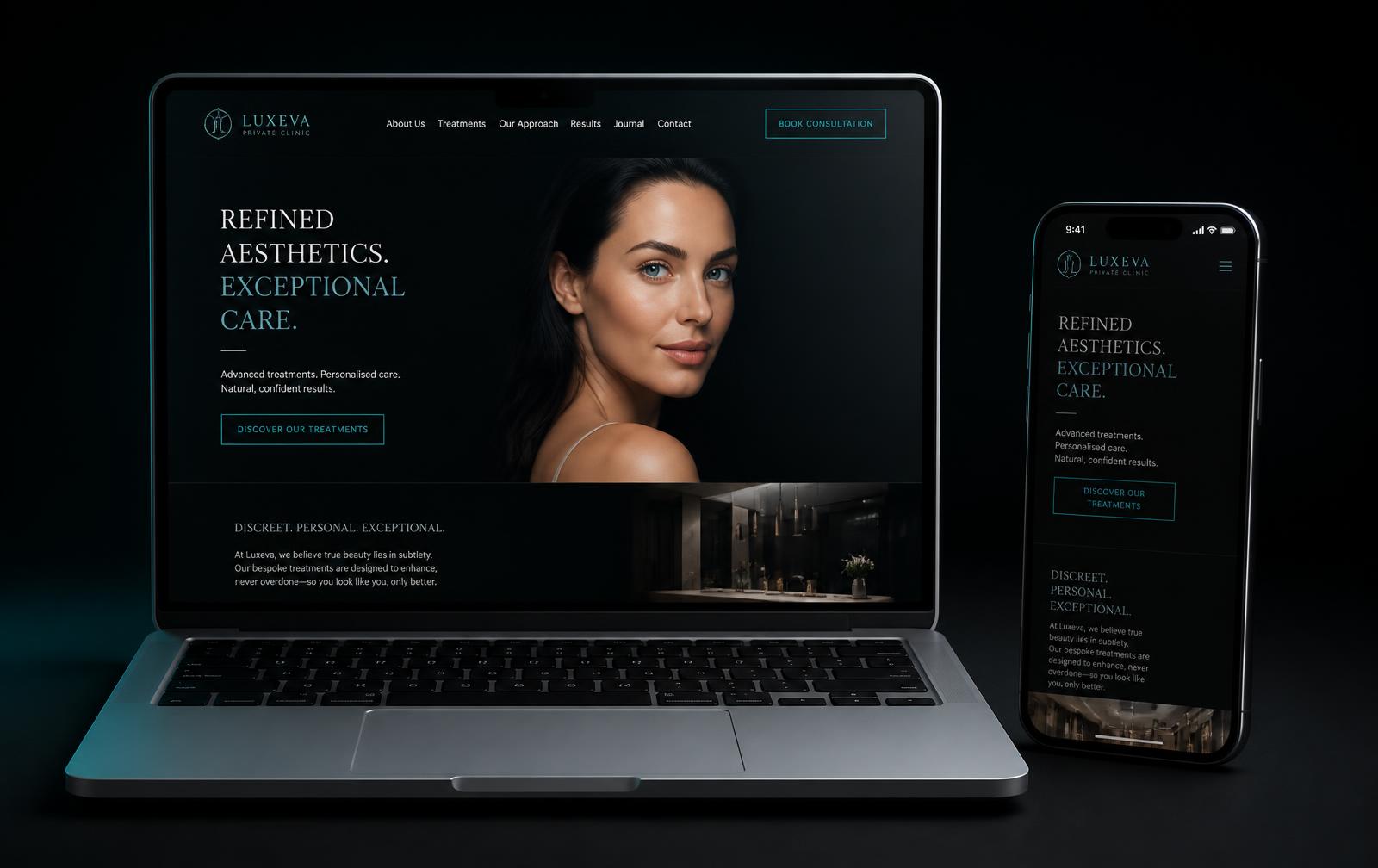 Premium private clinic website shown on a laptop and phone